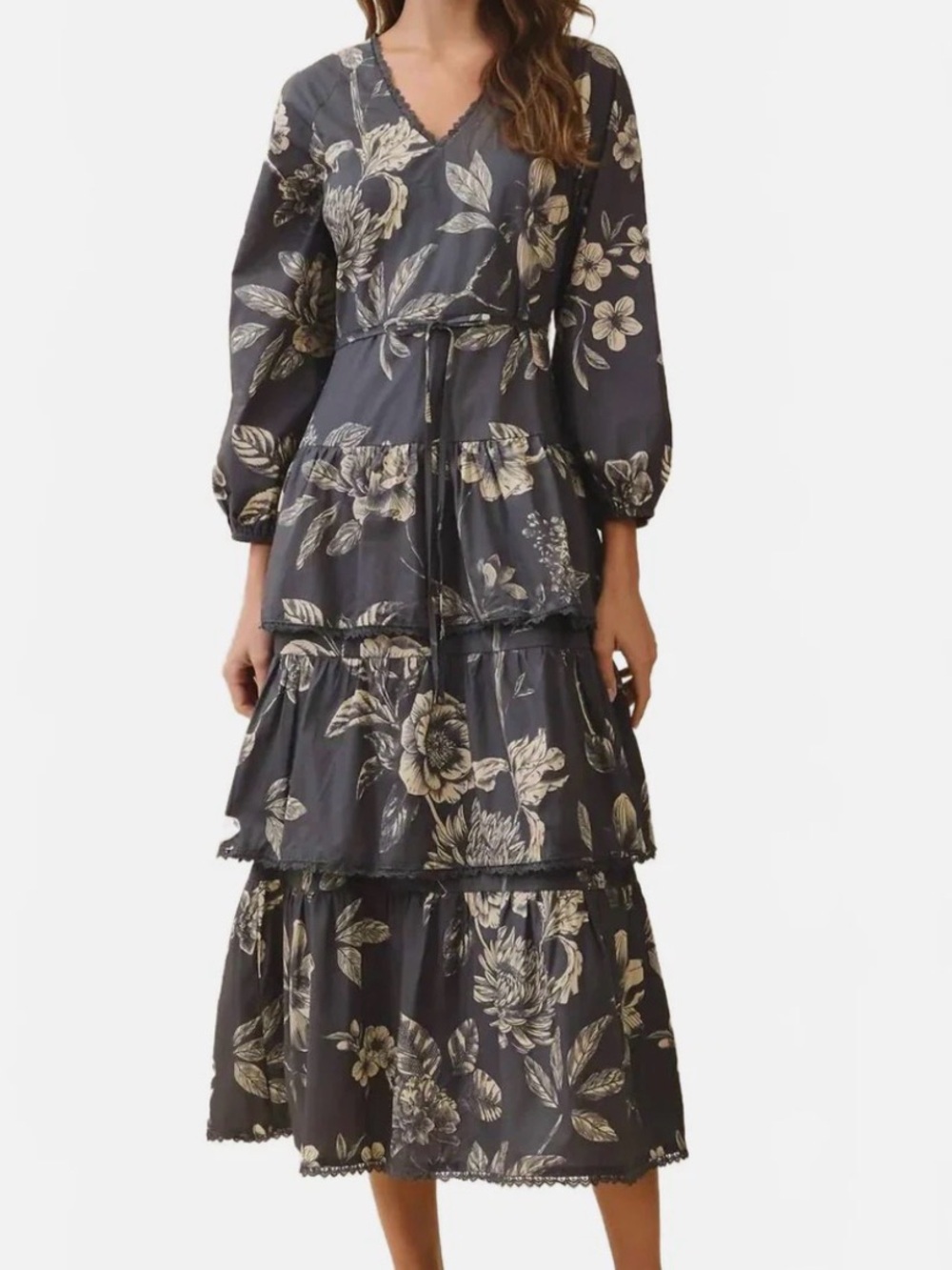 Lace Detail Floral Midi Dress In Grey TCEC